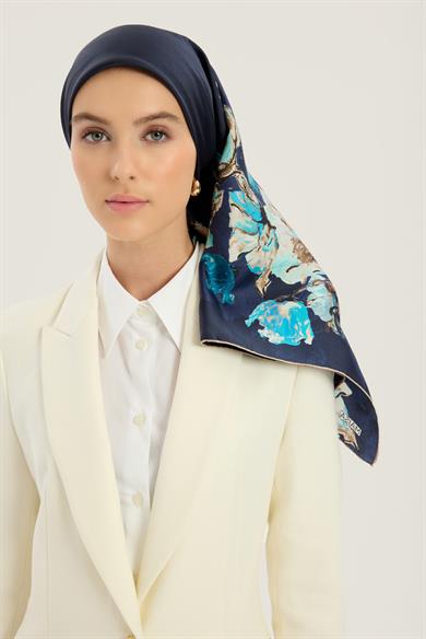 NEVBAHAR TİVİL İPEK EŞARP 90*90 CM - KOYU MAVİ