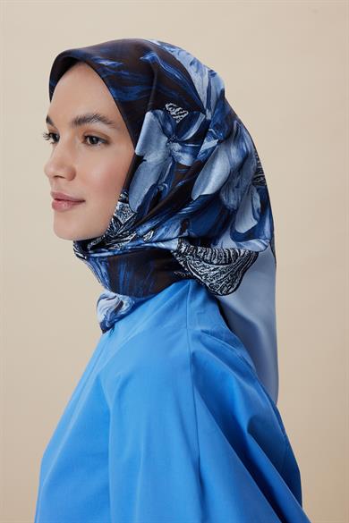 NÜVE TİVİL İPEK EŞARP 90*90 CM - MAVİ KAHVE