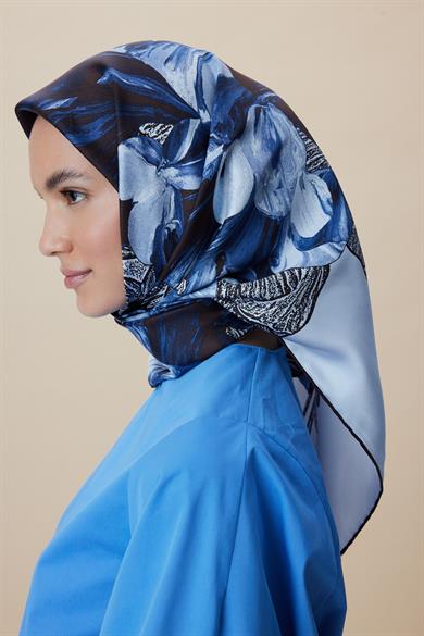 NÜVE TİVİL İPEK EŞARP 90*90 CM - MAVİ KAHVE