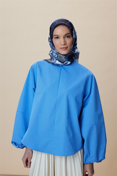 NÜVE TİVİL İPEK EŞARP 90*90 CM - MAVİ KAHVE