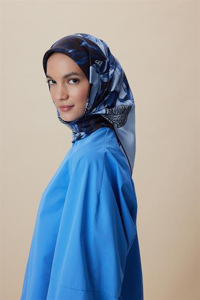 NÜVE TİVİL İPEK EŞARP 90*90 CM - MAVİ KAHVE