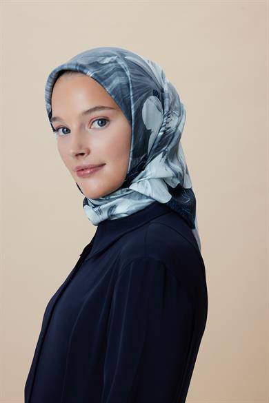 NÜVE TİVİL İPEK EŞARP 90*90 CM - PETROL MAVİ