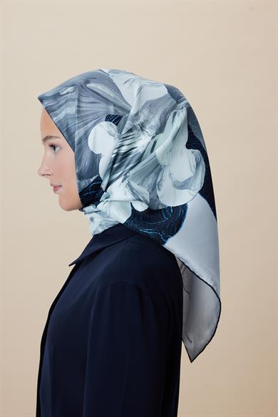 NÜVE TİVİL İPEK EŞARP 90*90 CM - PETROL MAVİ