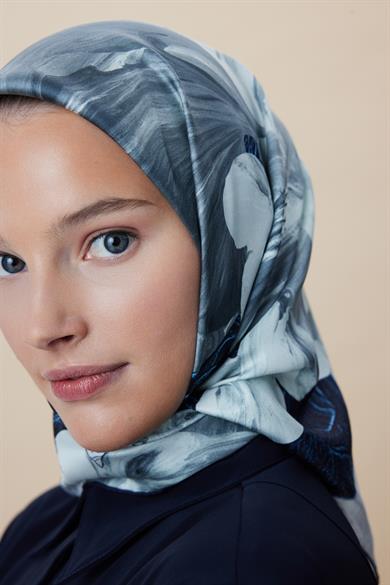 NÜVE TİVİL İPEK EŞARP 90*90 CM - PETROL MAVİ