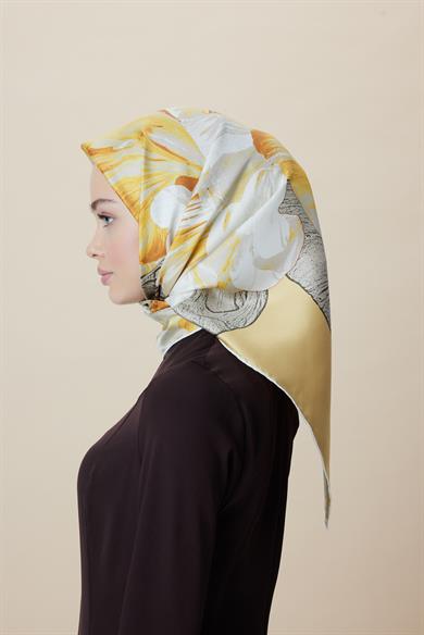 NÜVE TİVİL İPEK EŞARP 90*90 CM - SARI