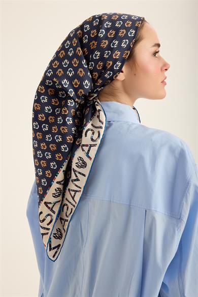 PARE TİVİL İPEK EŞARP 90*90 CM - KOYU MAVİ