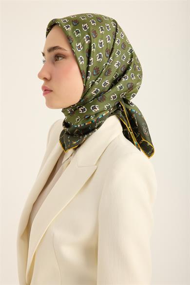 PARE TİVİL İPEK EŞARP 90*90 CM - KOYU YEŞİL