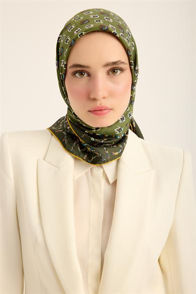 PARE TİVİL İPEK EŞARP 90*90 CM - KOYU YEŞİL