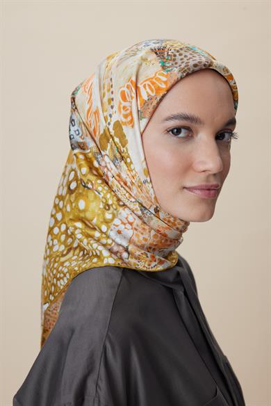 RENGİN TİVİL İPEK EŞARP 90*90 CM - YAĞ YEŞİLİ