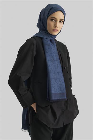 RİND%100 İPEK JAKARLI ŞAL-KOYU MAVİ