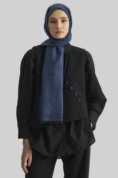 RİND%100 İPEK JAKARLI ŞAL-KOYU MAVİ