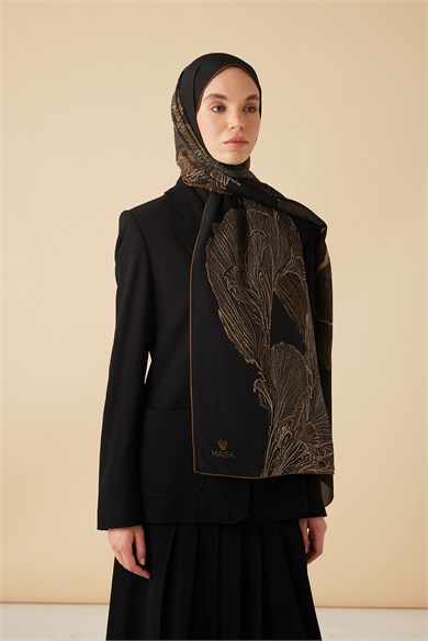 RUBA KREP İPEK ŞAL 70*190 CM - GOLD SİYAH
