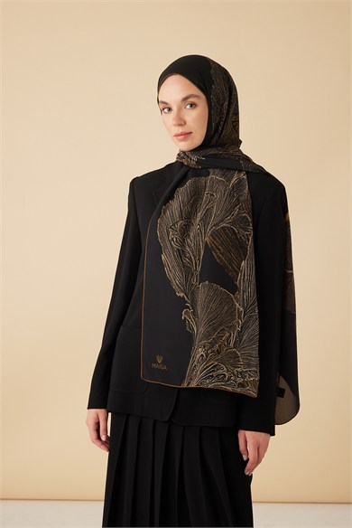 RUBA KREP İPEK ŞAL 70*190 CM - GOLD SİYAH