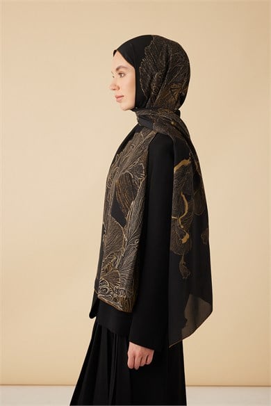 RUBA KREP İPEK ŞAL 70*190 CM - GOLD SİYAH