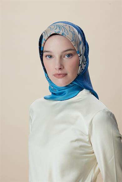 SAFİ TİVİL İPEK EŞARP 90*90 CM - MAVİ