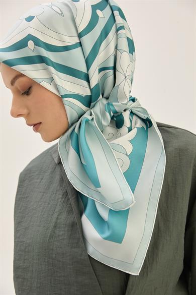 SARA TİVİL İPEK EŞARP 90*90 CM - PETROL MAVİ