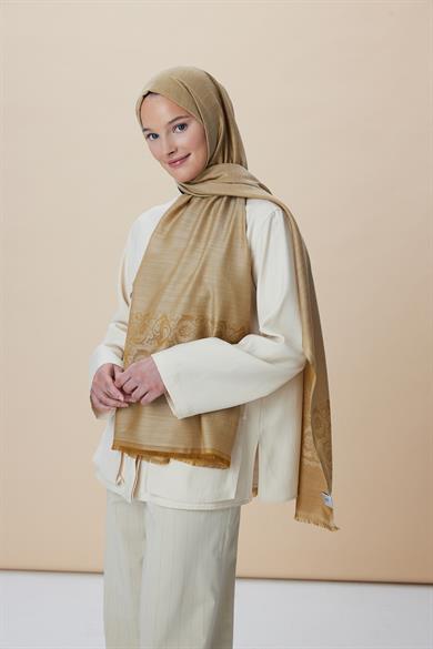 SIRMA YÜN İPEK JAKARLI ŞAL 70*200 CM - CAMEL