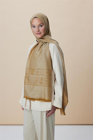 SIRMA YÜN İPEK JAKARLI ŞAL 70*200 CM - CAMEL