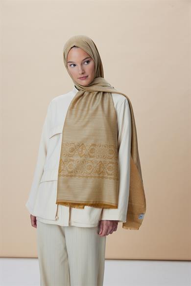SIRMA YÜN İPEK JAKARLI ŞAL 70*200 CM - CAMEL