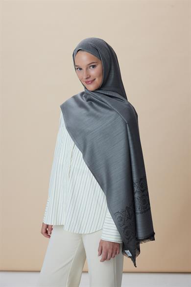 SIRMA YÜN İPEK JAKARLI ŞAL 70*200 CM - FÜME