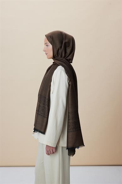 SIRMA YÜN İPEK JAKARLI ŞAL 70*200 CM - KAHVERENGİ