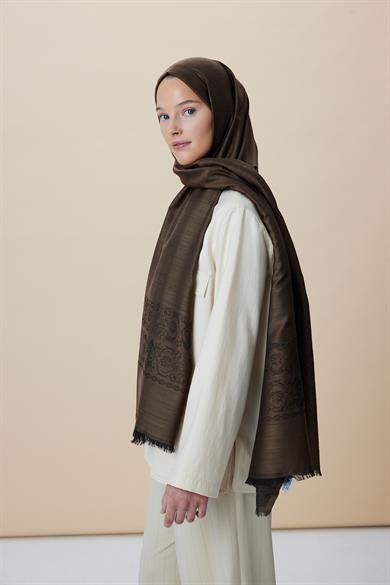 SIRMA YÜN İPEK JAKARLI ŞAL 70*200 CM - KAHVERENGİ