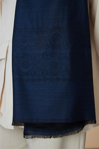 SIRMA YÜN İPEK JAKARLI ŞAL 70*200 CM - LACİVERT