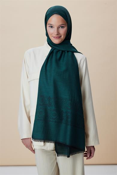 SIRMA YÜN İPEK JAKARLI ŞAL 70*200 CM - PETROL YEŞİLİ