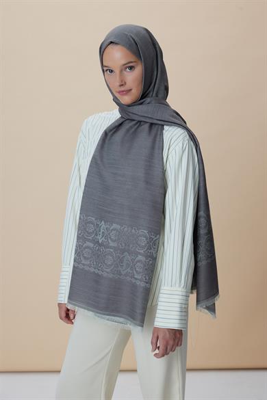 SIRMA YÜN İPEK JAKARLI ŞAL 70*200 CM - VİZON