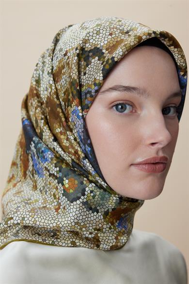 SU MASALI ÇİFT TARAFLI TİVİL İPEK EŞARP 90*90 CM - SARI