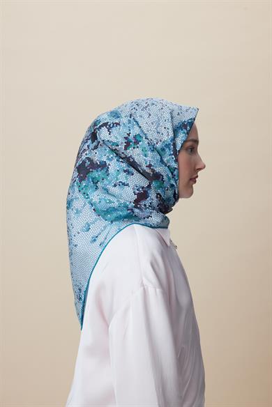 SU MASALI ÇİFT TARAFLI TİVİL İPEK EŞARP 90*90 CM - MAVİ