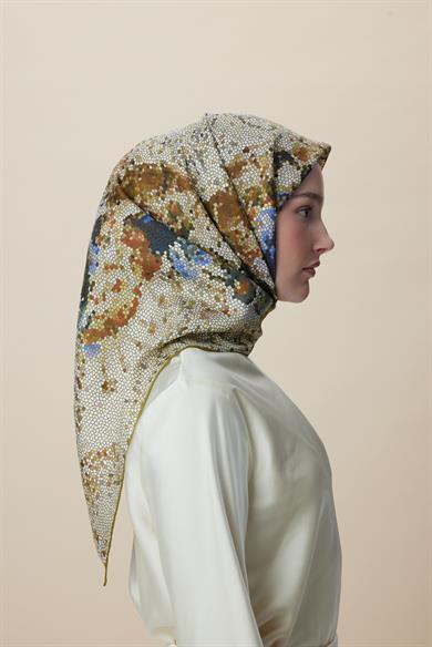 SU MASALI ÇİFT TARAFLI TİVİL İPEK EŞARP 90*90 CM - SARI