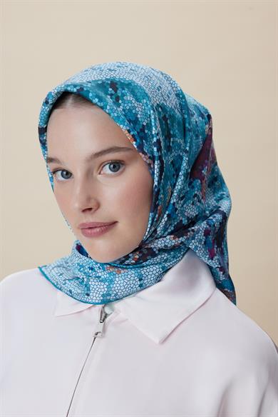 SU MASALI ÇİFT TARAFLI TİVİL İPEK EŞARP 90*90 CM - MAVİ