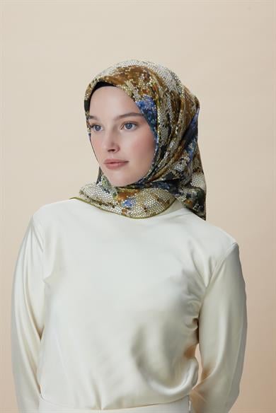 SU MASALI ÇİFT TARAFLI TİVİL İPEK EŞARP 90*90 CM - SARI