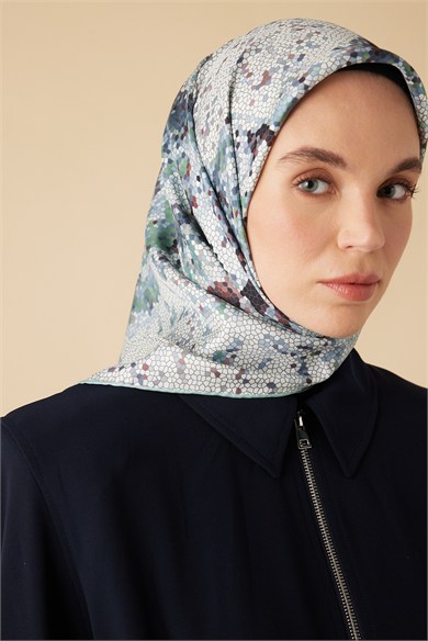 SU MASALI TİVİL İPEK EŞARP 90*90 CM - AÇIK MAVİ