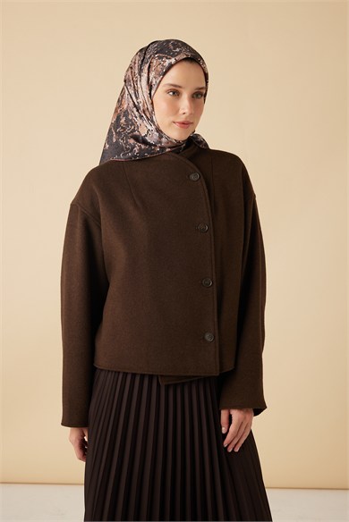 SU MASALI TİVİL İPEK EŞARP 90*90 CM - KAHVERENGİ