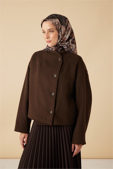 SU MASALI TİVİL İPEK EŞARP 90*90 CM - KAHVERENGİ