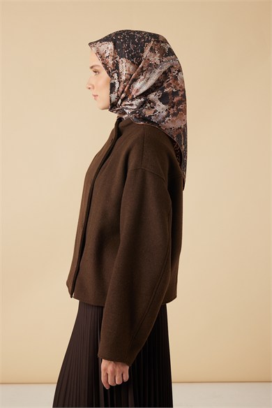 SU MASALI TİVİL İPEK EŞARP 90*90 CM - KAHVERENGİ