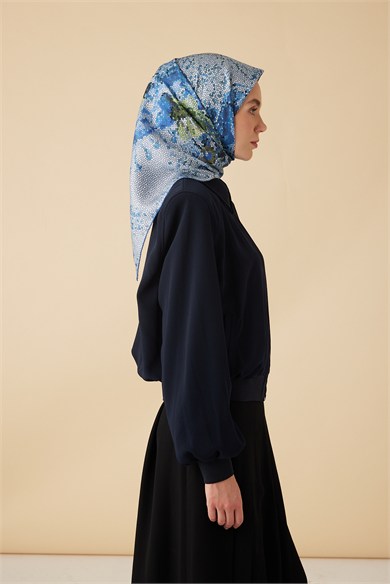 SU MASALI TİVİL İPEK EŞARP 90*90 CM - MAVİ