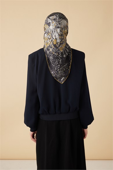 SU MASALI TİVİL İPEK EŞARP 90*90 CM - SİYAH