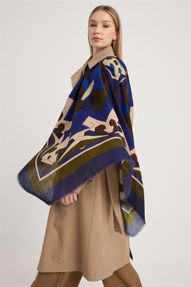 TARA YÜN İPEK EŞARP 110*110 CM - KOYU MAVİ