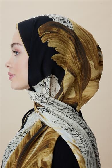 YAKAMOZ KREP İPEK ŞAL 70*190 CM - GOLD SİYAH