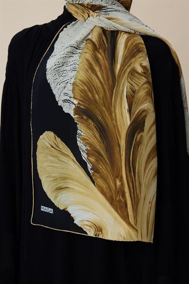 YAKAMOZ KREP İPEK ŞAL 70*190 CM - GOLD SİYAH