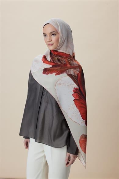 YAKAMOZ KREP İPEK ŞAL 70*190 CM - NAR ÇİÇEĞİ