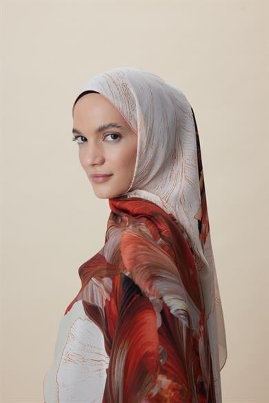 YAKAMOZ KREP İPEK ŞAL 70*190 CM - NAR ÇİÇEĞİ
