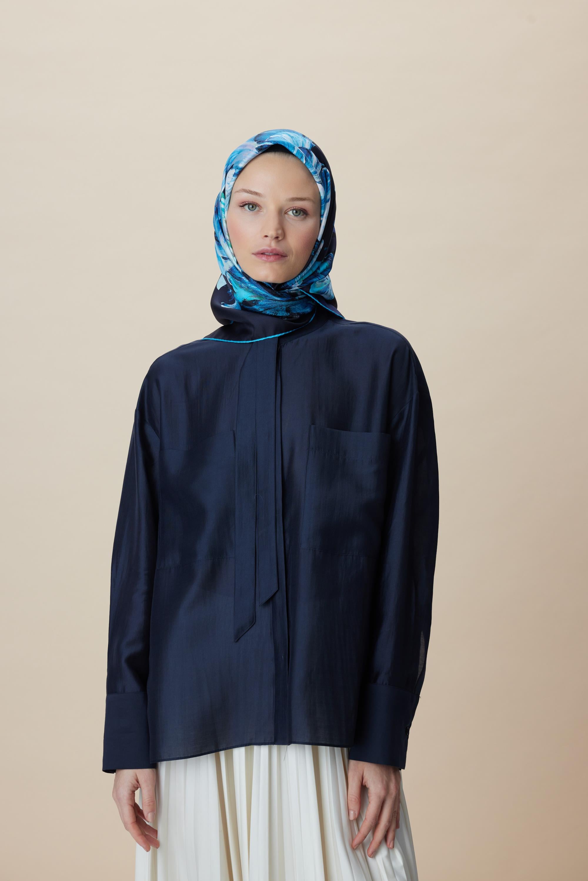 AKVA TİVİL İPEK EŞARP 90*90 CM - LACİVERT