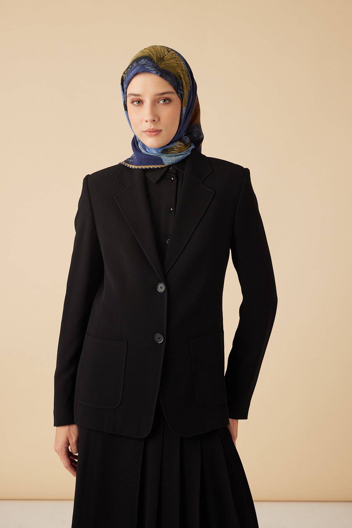 GİNKO YÜN ÜÇGEN ŞAL 140*140/2 CM - SARI LACİVERT