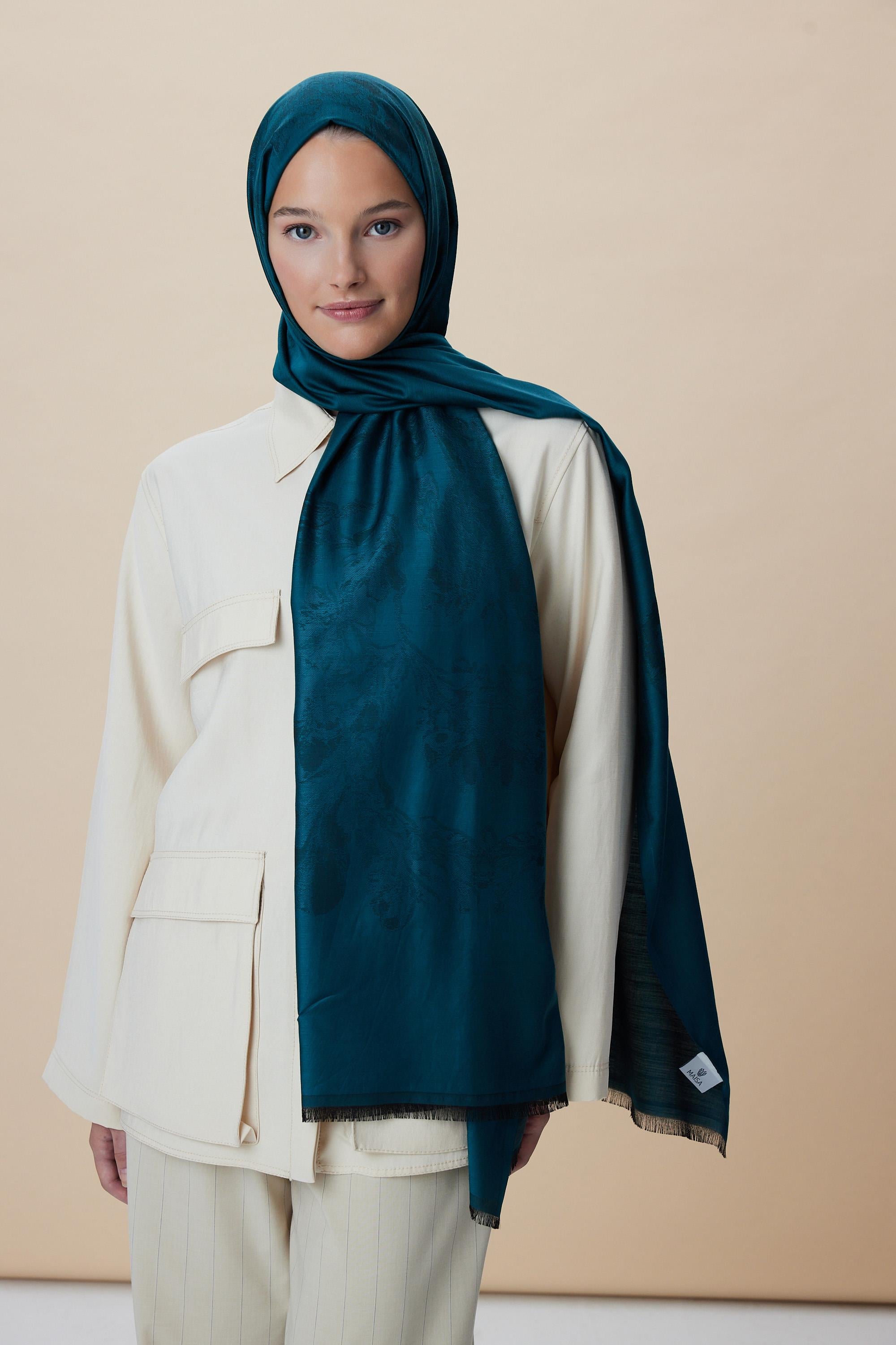 JADE MODAL İPEK JAKARLI ŞAL 70*200 CM - PETROL MAVİ