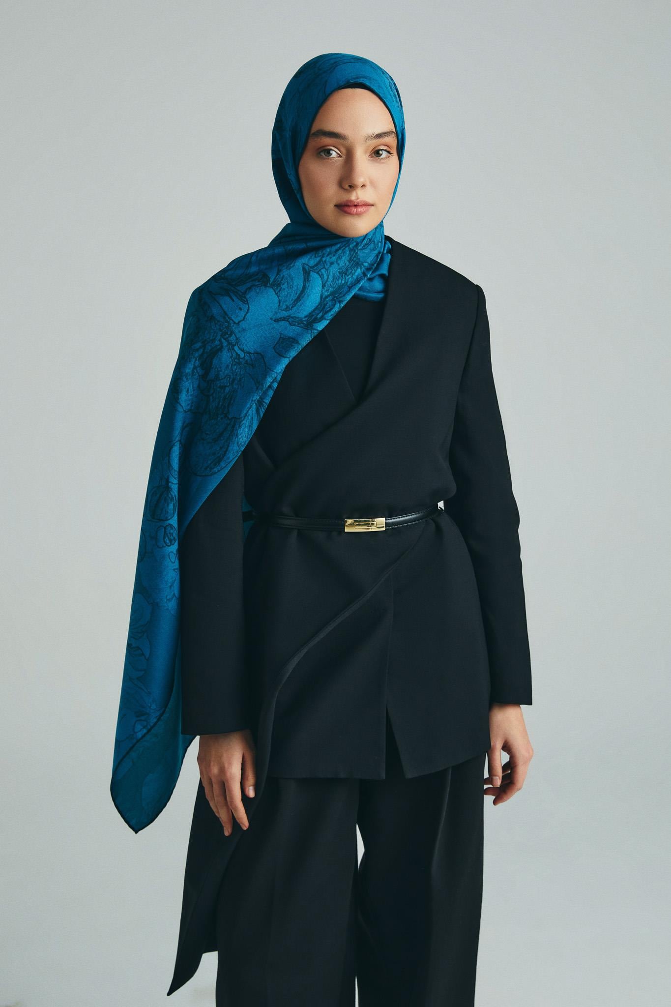 KEHRİBAR PAMUK İPEK ŞAL 70*190 CM - PETROL MAVİSİ