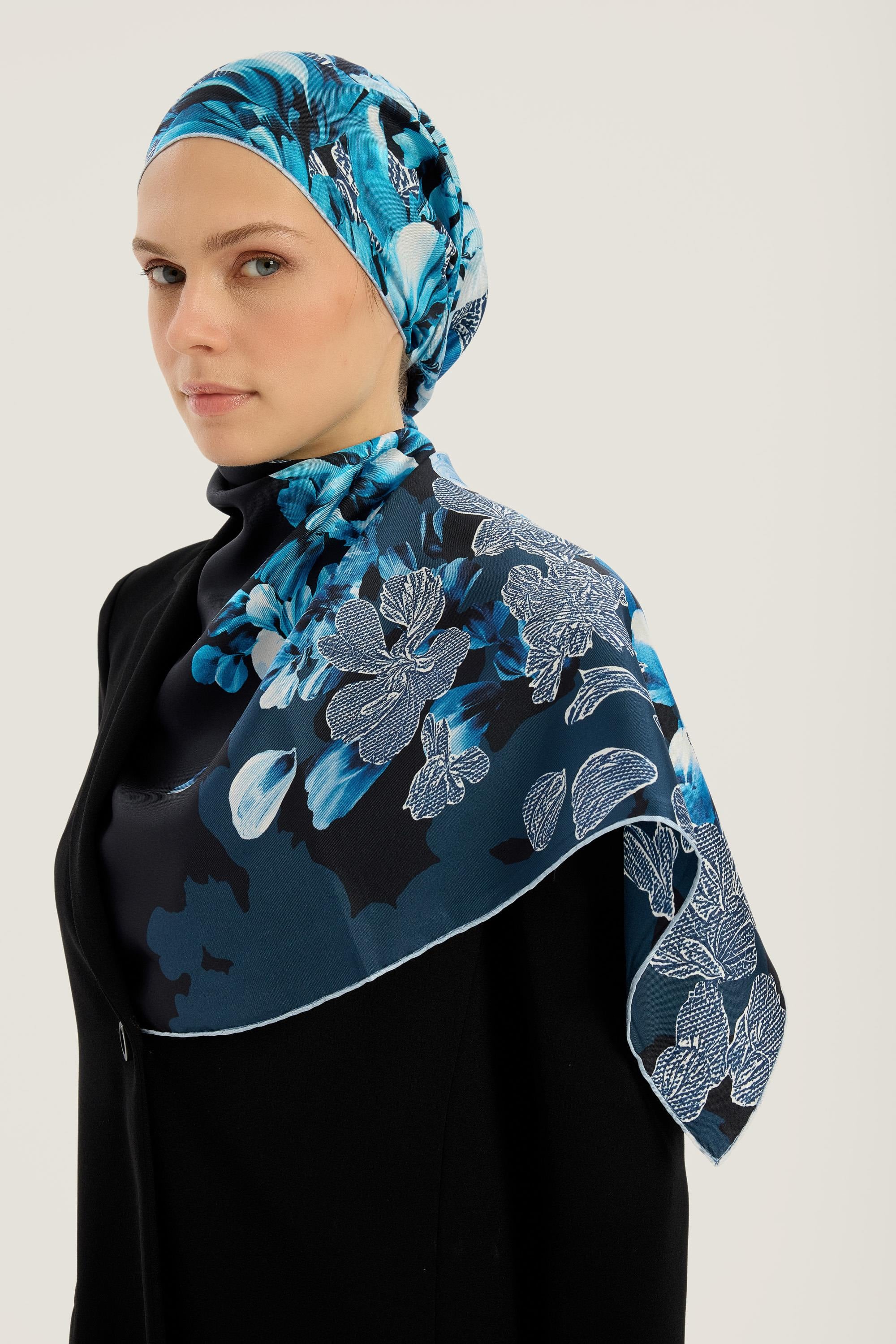 LAL TİVİL İPEK EŞARP 90*90 CM - LACİVERT